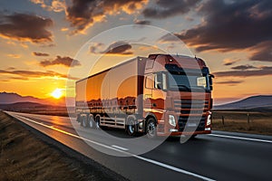 Truck on the road with sunset sky background. Concept of transportation and logistics