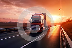 Truck on the road with sunset sky background. Concept of transportation and logistics