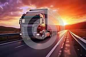 Truck on the road with sunset sky background. Concept of transportation and logistics