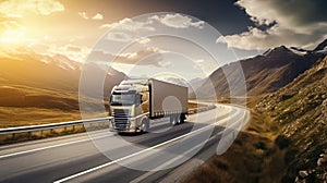 Truck on the road with sunset. Transportation and logistics concept