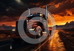 The truck runs on the highway with red sky background