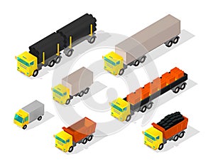 Truck set cars. Trailer delivery industry and construction. Truck with coal. Machine with pipes and bricks in the truck