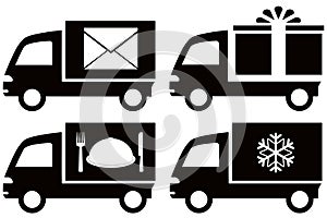 Truck with snowflake, envelope, food dish, gift bo