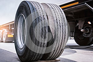 Truck Spare Wheels Tires Waiting for to Change. Tractor Truck Wheels. Freight Trucks Transport