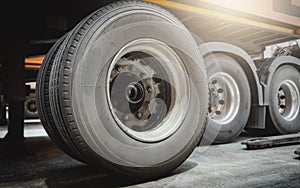 Truck Spare Wheels Tyre Waiting for to Change. Big Truck Wheels Tires. Freight Trucks Cargo Transport