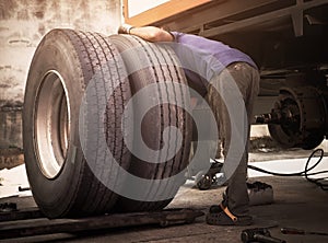 Truck Spare Wheels Tyre Waiting for to Change. Big Truck Wheels Tires. Freight Trucks Cargo Transport