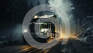 Truck speeding on wet asphalt, delivering cargo through foggy forest generated by AI