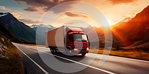 A truck speeds along a bustling highway and captures the essence of efficient transportation and rapid delivery.