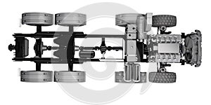 Truck suspension with engine cooling radiator top view 3d illustration on white background no shadow