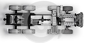 Truck suspension with engine cooling radiator top view 3d illustration on white background with shadow