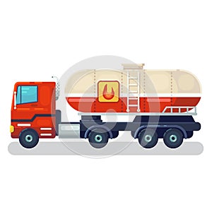 Truck with tank and ladder. Heavy industrial vehicle with large reservoir for transporting liquid, gas, oil. Modern flat