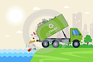 truck throws garbage into the river. water pollution by urban waste