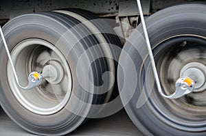 Truck tires spinning at high speed on the road