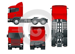 Truck tractor or semi-trailer truck. Cargo delivering vehicle template vector isolated illustration View front, rear