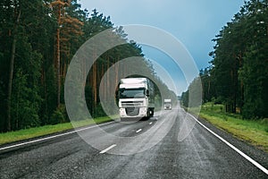 Truck Tractor Unit, Prime Mover, Traction Unit In Motion On Road