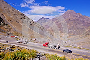 Truck traffic in the hairpin curves at Paso International Los Libertadores or Cristo Redentor, Chile