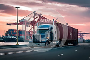 Truck trailer at cargo port terminal with cranes, containers