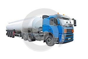 Truck with trailer cistern for liquid cargo, fuel. Isolated on white background