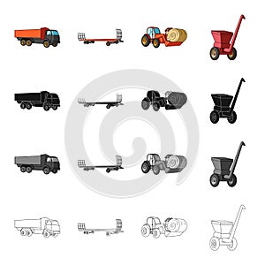 Truck, trailer for hay, tractor with a roll of hay, mobile chopper. Different types of agricultural machinery set