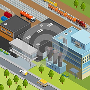 Truck and train for oil transportation near refinery 3d isometric vector illustration