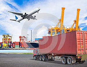 Truck transport container and cago plane flying above ship port