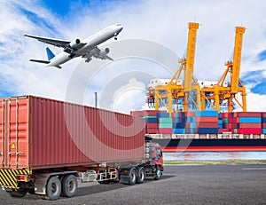 Truck transport container and cago plane flying above ship port