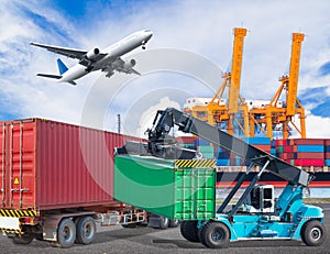 Truck transport container with crane lifting and cago plane fly photo
