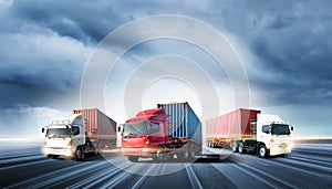 Truck transport with red container on highway road at sunset, motion blur effect, logistics import export background