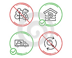 Truck transport, Tree and Parking icons set. Search sign. Delivery, Forest plants, Garage. Find results. Vector