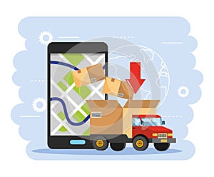 Truck transportation with box package and smartphone gps map