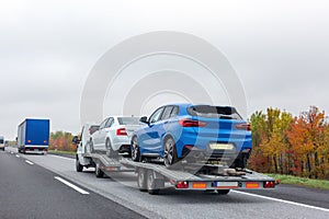 Truck transporter carrying new cars on road. Colorful autumn trees background