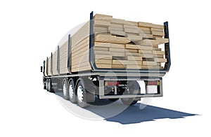 Truck transporting lumber. Rear view