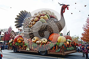 A truck transporting a sizable turkey on its back, A lively parade celebrating Thanksgiving with gigantic floats, AI Generated
