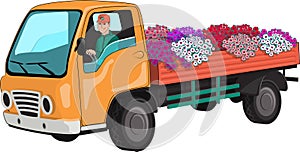 Truck transports flowers.