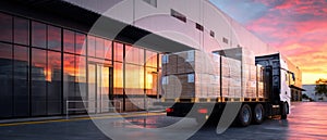 The truck unloading pallets at a warehouse during a vibrant sunset. AI generated image