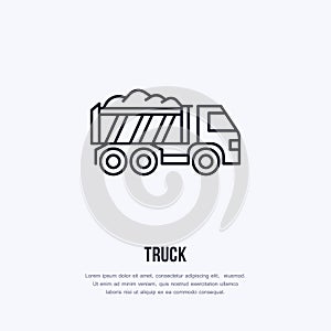 Truck vector flat line icon. Transportation logo. Illustration of commercial vehicle, industrial equipment rent