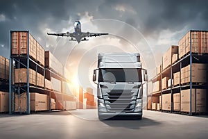 Truck in warehouse and cargo freight transportation concept