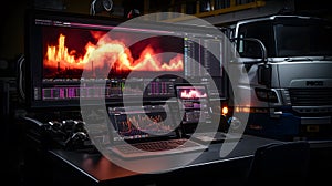 Truck in the warehouse with a computer monitor showing stock market crash