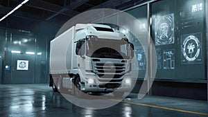 Truck in the warehouse at night. Cargo transportation and logistics concept