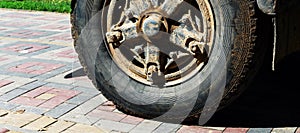 Truck wheel close up. Automobile wheel, truck weel