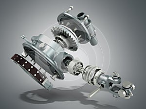 Truck wheel drive and braking system 3d render on grey