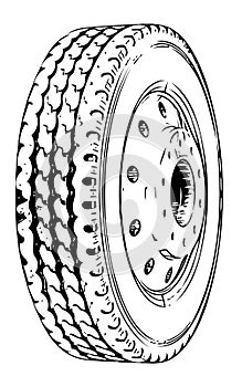 Truck wheel sketch isolated on white background. Logo for tire fitting or auto repair shop