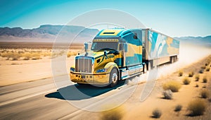 Truck in yellow and blue colors driving in fast speed down a highway dirt road in a prairie scenery