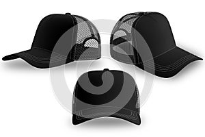 Trucker black cap with black visor realistic mockup front and side view, 3d rendering, isolated on white background.