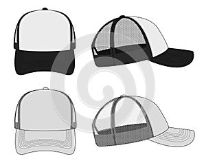 Trucker cap , mesh cap template illustration set / black and gray