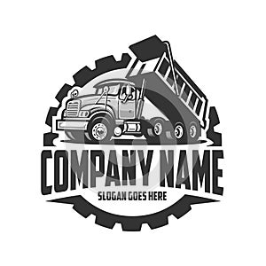 Trucking company circle emblem logo. Dump truck side view vector illustration