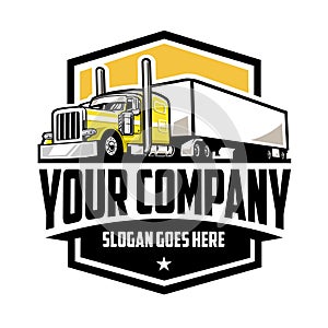 Trucking Company Logo Emblem Badge Vector Isolated. Yellow Semi Truck 18 Wheeler Truck Logo