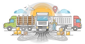 Trucking transport industry as lorry cargo delivery by road outline concept