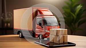 Truckload, commercial vehicle with many Corton boxes. Express delivery mobile app. Track shipments and parcels on your smartphone