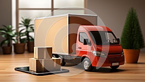 Truckload, commercial vehicle with many Corton boxes. Express delivery mobile app. Track shipments and parcels on your smartphone